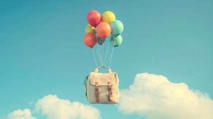 travel bag flying in the sky with colorful balloons, in the style of a vintage look, with pastel colors, on a soft blue background, on a sunny day, with clouds