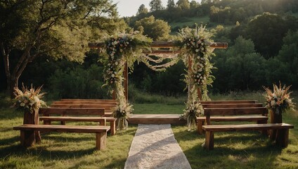 A rustic outdoor wedding setup in a picturesque countryside, with wooden benches, fairy lights strung between trees, and a floral arch adorned with wildflowers.
