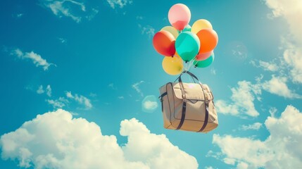 cream school bag floating in the sky with colorful balloons attached to it, against a soft blue background in natural light. High resolution photography in the style of professional color grading