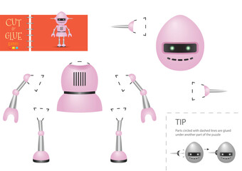 Cut and glue paper vector toy. Funny robotic character as a cardboard cutout model. Educational puzzle worksheet