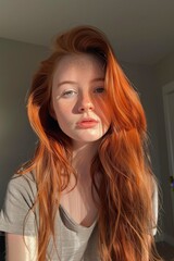 Naklejka premium A typical Instagram selfie taken on iPhone. Bad lighting, decent quality, red-haired young teenage girl poses, in bedroom, making a straight face. 