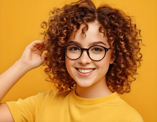 Obraz premium Smiling Woman With Curly Hair Wearing Glasses Against A Yellow Background