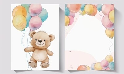 Obraz premium Invitation template with florals and flower and teddy bear toy, cute design for baby shower or birthday modern invitation. Front and back print template design.