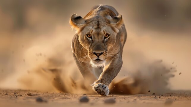 A powerful lioness sprints through the dusty terrain, showcasing her strength and agility during a high-speed chase in the wild.