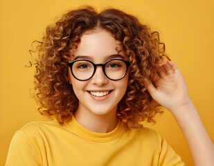 Obraz premium Smiling Woman With Curly Hair Wearing Glasses Against A Yellow Background