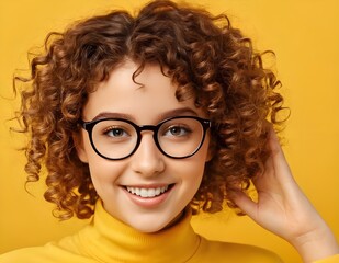 Obraz premium Smiling Woman With Curly Hair Wearing Glasses Against A Yellow Background