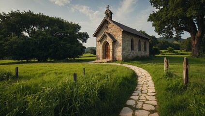Naklejka premium A peaceful countryside chapel surrounded by lush green fields and trees, with a stone pathway leading to its wooden doors, and a large cross standing prominently in the front yard.