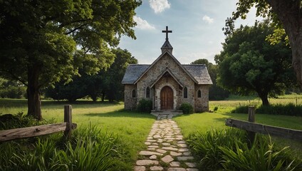 A peaceful countryside chapel surrounded by lush green fields and trees, with a stone pathway leading to its wooden doors, and a large cross standing prominently in the front yard.