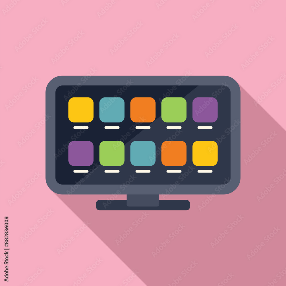 Poster computer monitor displaying app icons, representing software applications and user interface