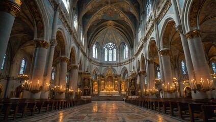 Fototapeta premium A majestic cathedral interior with soaring vaulted ceilings, detailed frescoes and mosaics, and a grand altar with gold accents, flanked by tall candles and intricate carvings