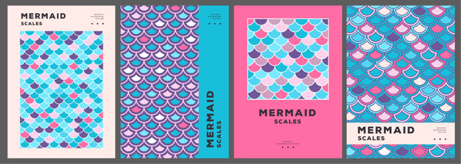 Set of summer disco posters or covers with mermaid scale abstract texture. Vector illustration © annbozhko