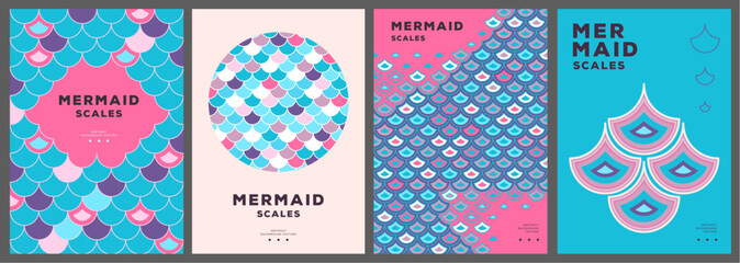 Set of summer disco posters or covers with mermaid scale abstract texture. Vector illustration © annbozhko