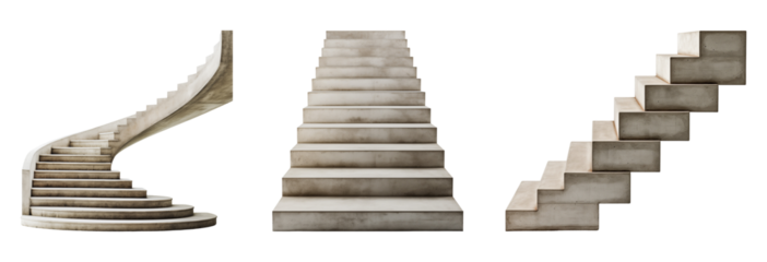 Collection of modern concrete/ cement staircase designs. Isolated on a transparent background.