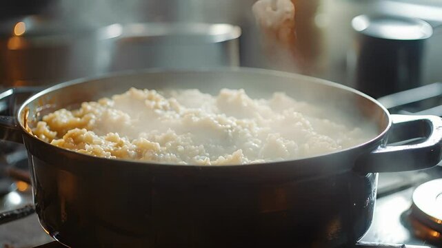 A steaming pot of buckwheat risotto simmering on the stove tempting with its savory aroma.