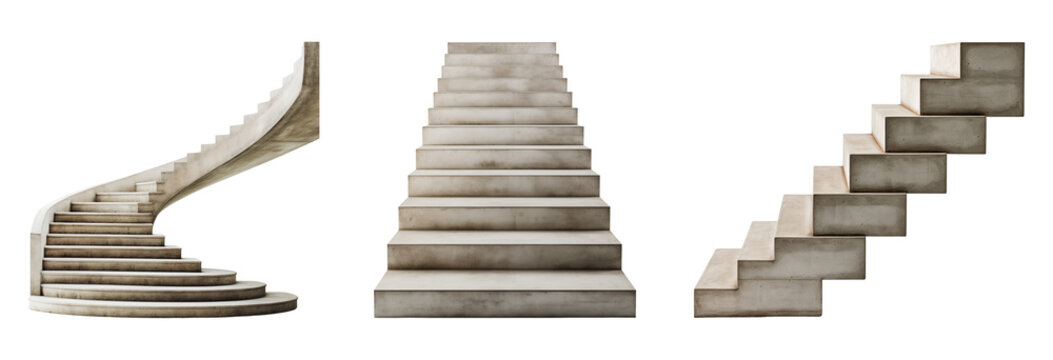Collection of modern concrete/ cement staircase designs. Isolated on a transparent background.