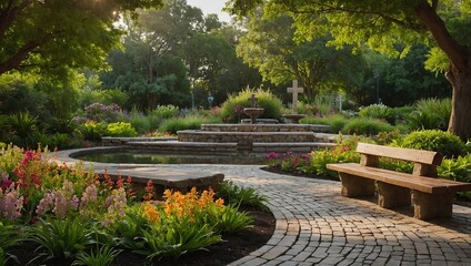 A scenic outdoor prayer garden featuring a stone pathway winding through lush greenery, a central fountain, and a large wooden cross surrounded by vibrant flowers and peaceful benches for reflection