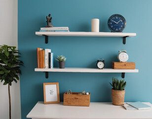 light blue modern office full wall shelf with beautiful props