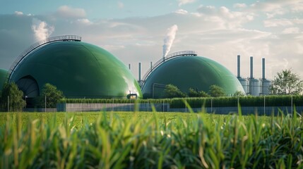 Two large green domes sit in a field of grass