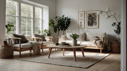 Fototapeta premium A modern minimalist apartment with white walls, sleek furniture, and sparse decorations, emphasizing clean lines and open spaces.