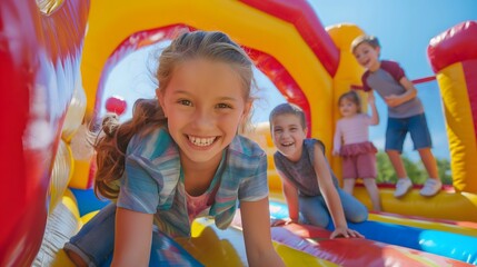 A lively scene of kids playing joyfully on an inflatable bouncy castle. In the foreground, a girl and a boy are smiling brightly at the camera, surrounded by the colorful, bouncy structure. The