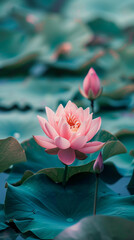 Portrait of Lotus Flower and Leaves Floating in Pond Water in Morning Light, Tranquil and Serene Nature Scene