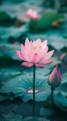 Portrait of Lotus Flower and Leaves Floating in Pond Water in Morning Light, Tranquil and Serene Nature Scene