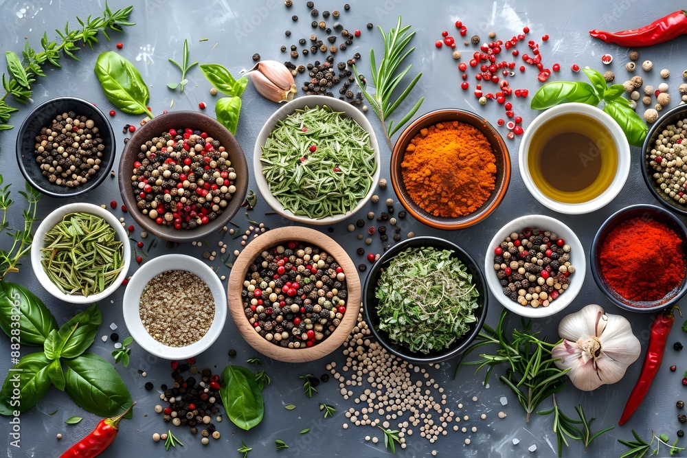 Aufkleber a colorful array of fresh herbs and spices in bowls