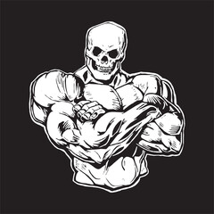Skull of Body Builder Posing with funny Gym Logo Vector for T-shirts and Wall Decal Workout Athletic Gym Muscle Logo Fitness Beast Barbell Bodybuilding Healthy Wall Sticker for Gym Decor