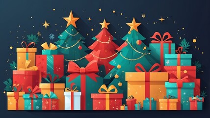 Obraz premium Merry Christmas banner with presents & Happy New Year, Christmas living room background
