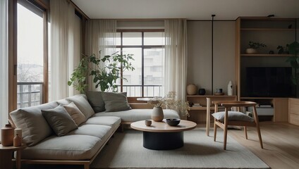 Fototapeta premium A serene Japandi-style apartment blending Japanese minimalism with Scandinavian functionality, featuring natural materials, clean lines, and a muted color palette