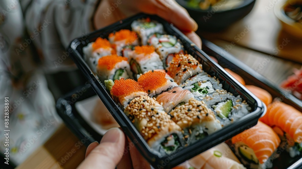Poster a delivery app notification on a smartphone screen, showing an order of sushi en route to its destin