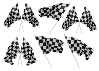 Set collection of waving and crossed black white chequered or checkered flag with wooden stick motorsport sport racing concept isolated background