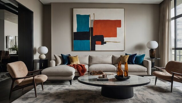 A sleek contemporary apartment with modern furniture, large windows, and a neutral color scheme, accented with pops of bold color and abstract art