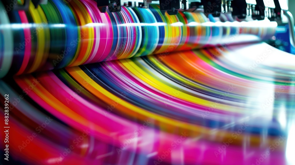 Aufkleber close up of printing machine with colorful rolls and dynamic motion.