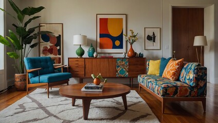 An eclectic mid-century modern apartment with iconic furniture pieces, bold patterns, and a mix of warm wood tones and bright colors