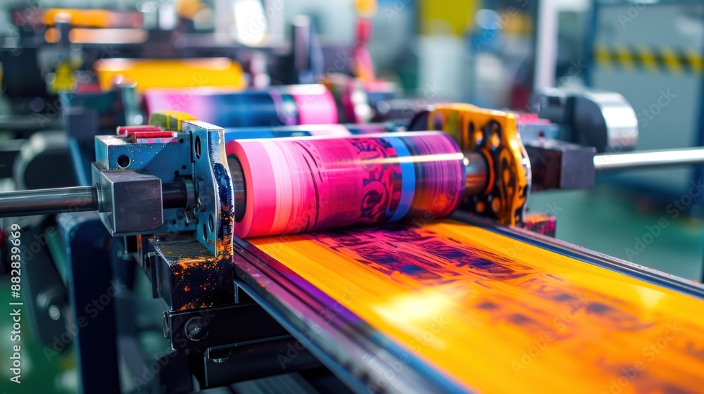 Poster industrial printing press in action with colorful details and high-speed operation.