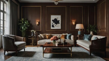 A sophisticated traditional apartment with classic furniture, rich wood finishes, and elegant fabrics, all in a harmonious and refined color scheme