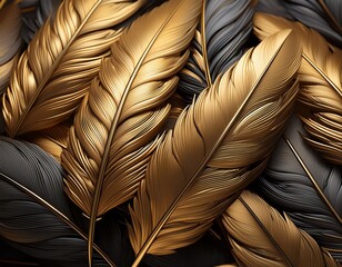 Golden feathers on a black background. 3d rendering, 3d illustration.