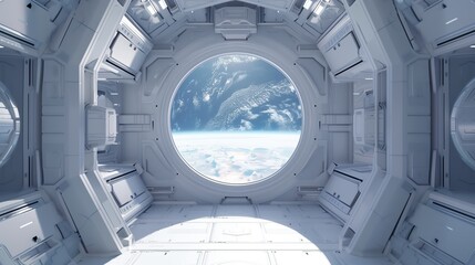 A futuristic space station interior features a large circular window showcasing a stunning view of Earth from space.