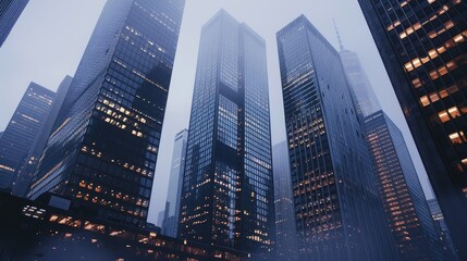 Fototapeta premium Skyscrapers in an office area during twilight, with lights illuminating the cityscape, symbolizing a thriving business district