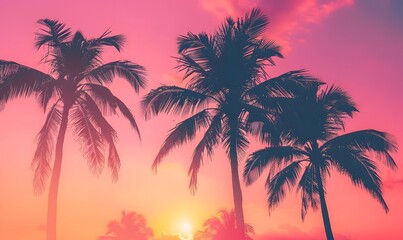 Obraz premium Pink sky with silhouetted palm trees , Generative AI