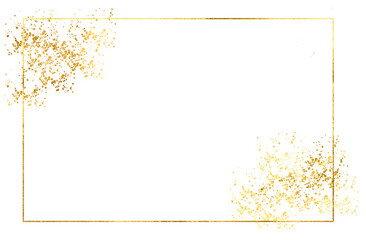 Festive frame with gold glitter and confetti for celebration with glowing golden particles. Gold Foil, gold splatter, glitter Gold, Frame stroke Gold on transparent background.