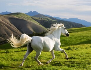 Obraz premium White horse galloping on green meadow in mountains at sunset.