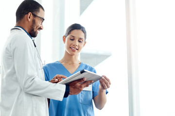Team, happy doctor and nurse on tablet for report, planning and healthcare service in clinic. Tech,...