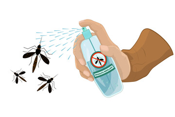 Hand with mosquito spray. Human hand holding insecticide bottle and spraying in mosquitoes. Fight against insects in home.Anti-mosquito product for self defense during summer.Stock vector illustration