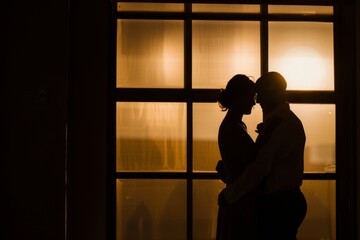 Two figures stand silhouetted against a window, their embrace illuminated by the soft, golden light of the setting sun.