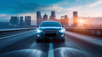 Dynamic front view shot of a car on a highway, cinematic style, with a modern cityscape in the background