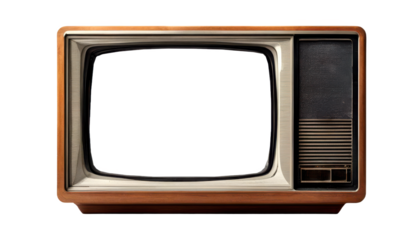 Vintage retro television isolate on transparent background, Classic old TV set with wooden frame and blank screen.