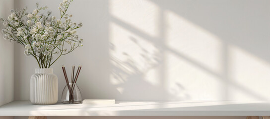 cottagecore style home office interior, white wall background, copy space for text, minimalistic spring decor with flowers in vase and pencils on table, banner mockup,