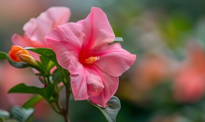 Obraz premium Pink mandevilla flower in bloom, Generative AI